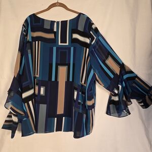 Calvin Klein Blue and Tan Geometric Blouse
